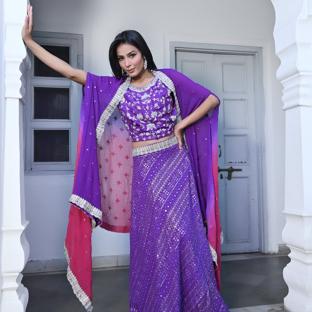 Purple Embroidered Crop Top Lehenga Set