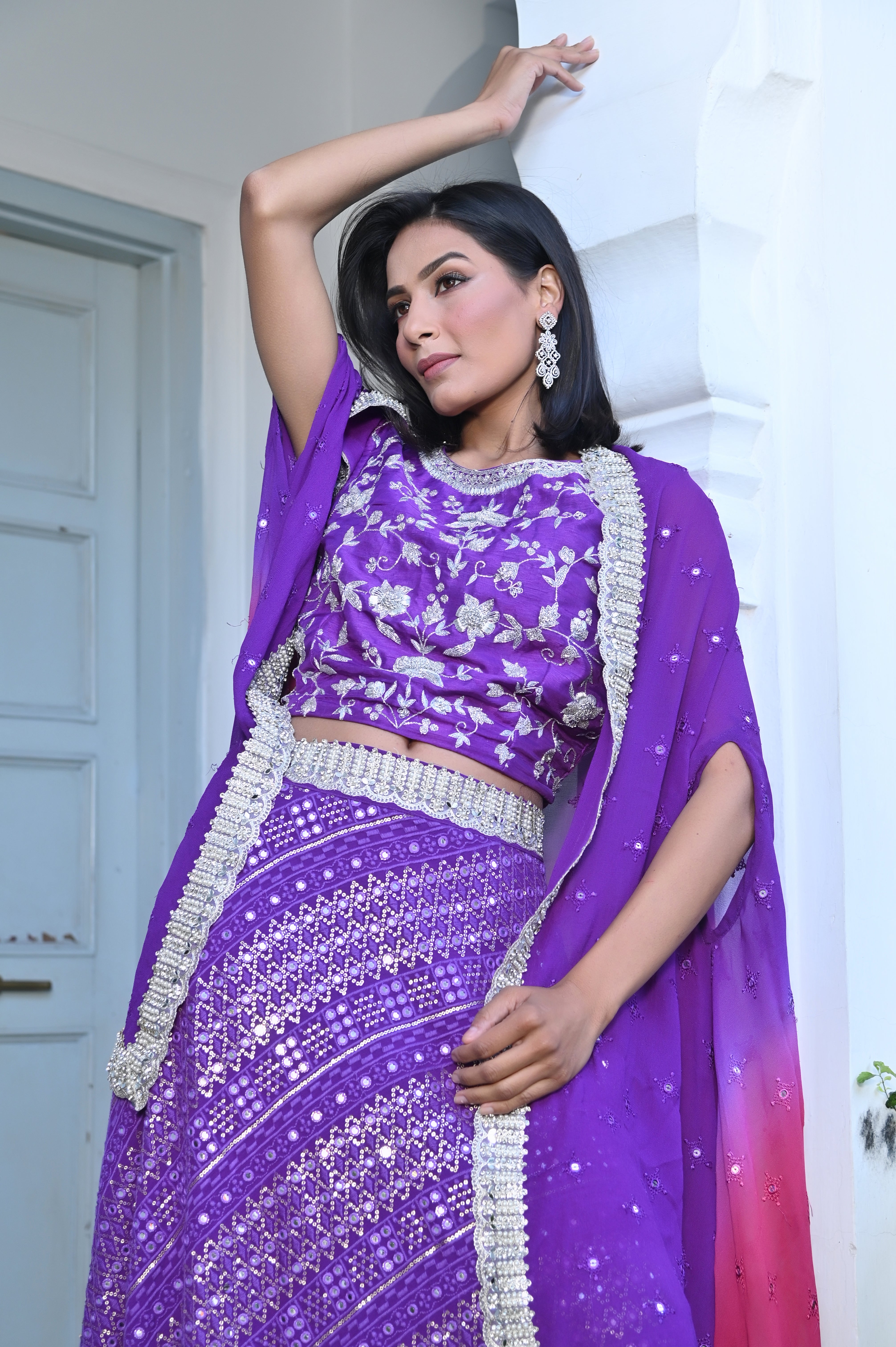 Purple Embroidered Crop Top Lehenga Set