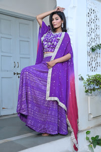 Purple Embroidered Crop Top Lehenga Set