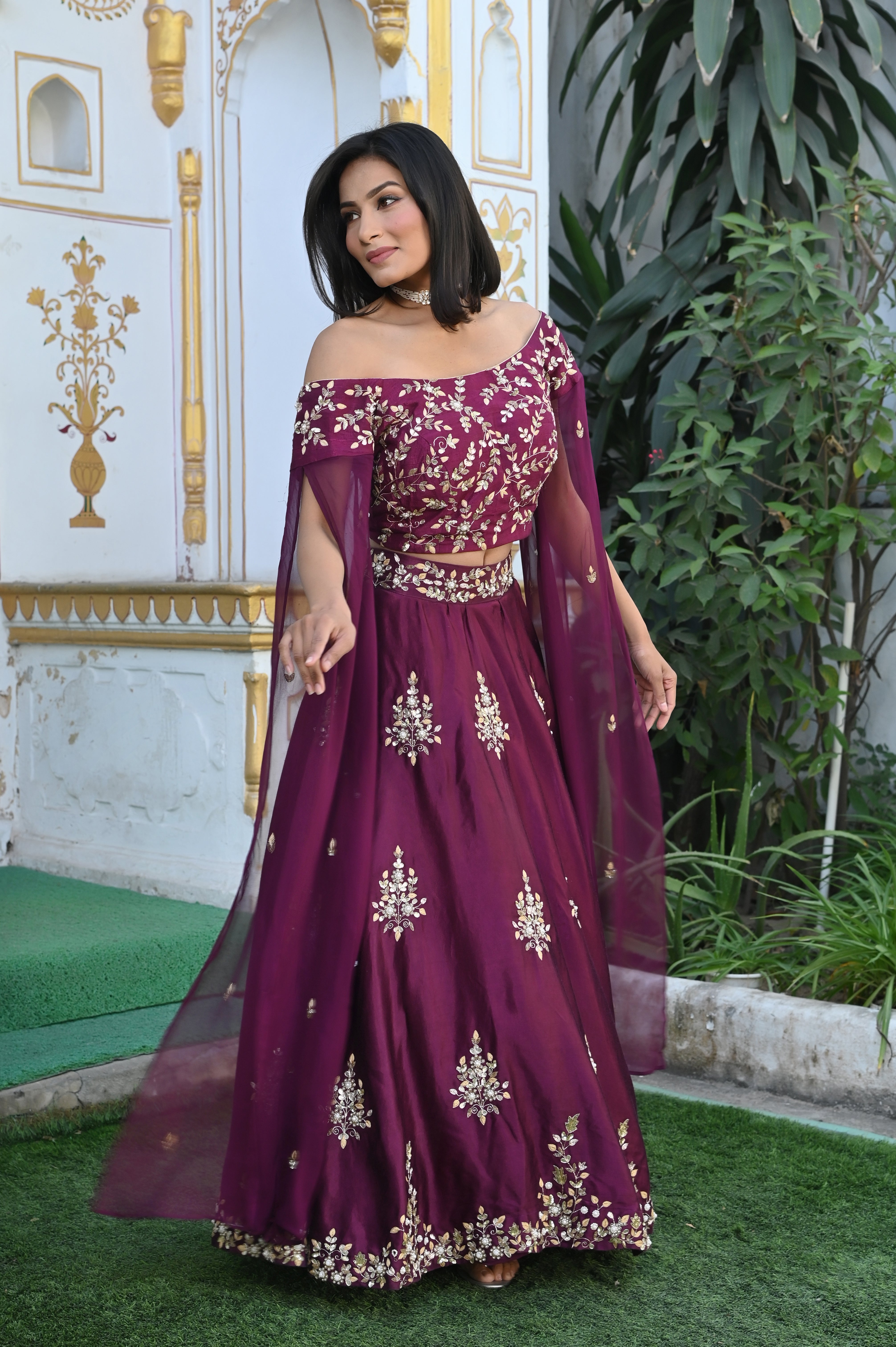 Wine and Gold Embroidered Lehenga Set