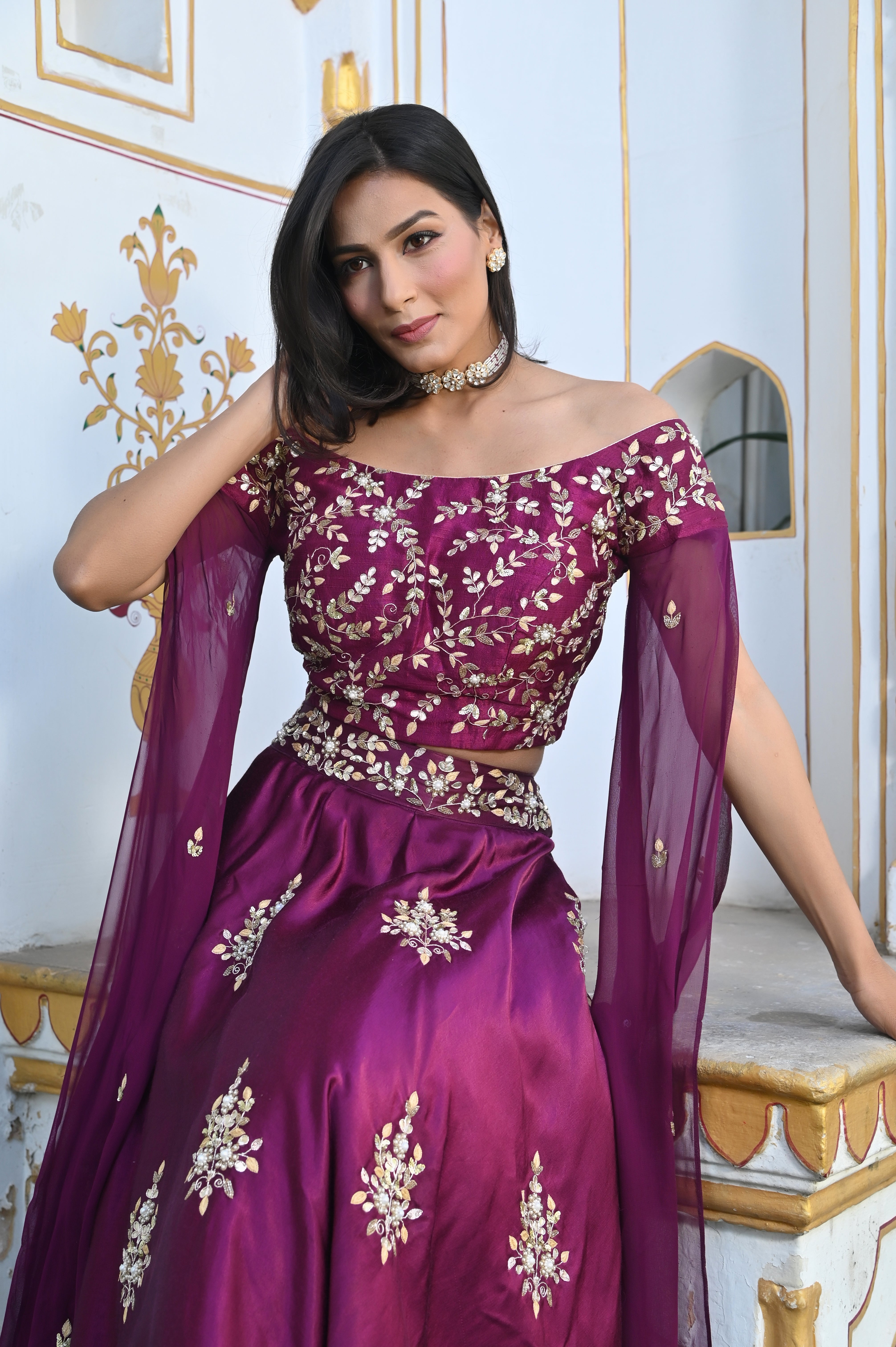 Wine and Gold Embroidered Lehenga Set