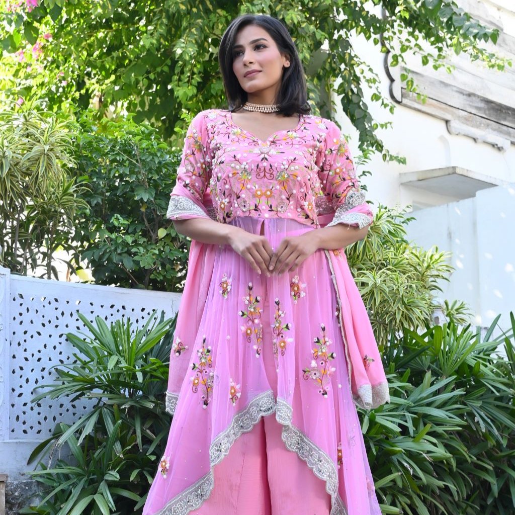 Pink Embroidered Kurta Palazzo  Ethnic Set