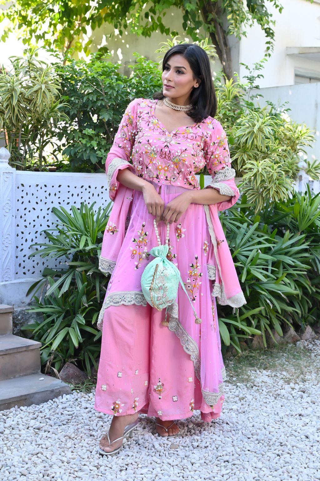 Pink Embroidered Kurta Palazzo  Ethnic Set