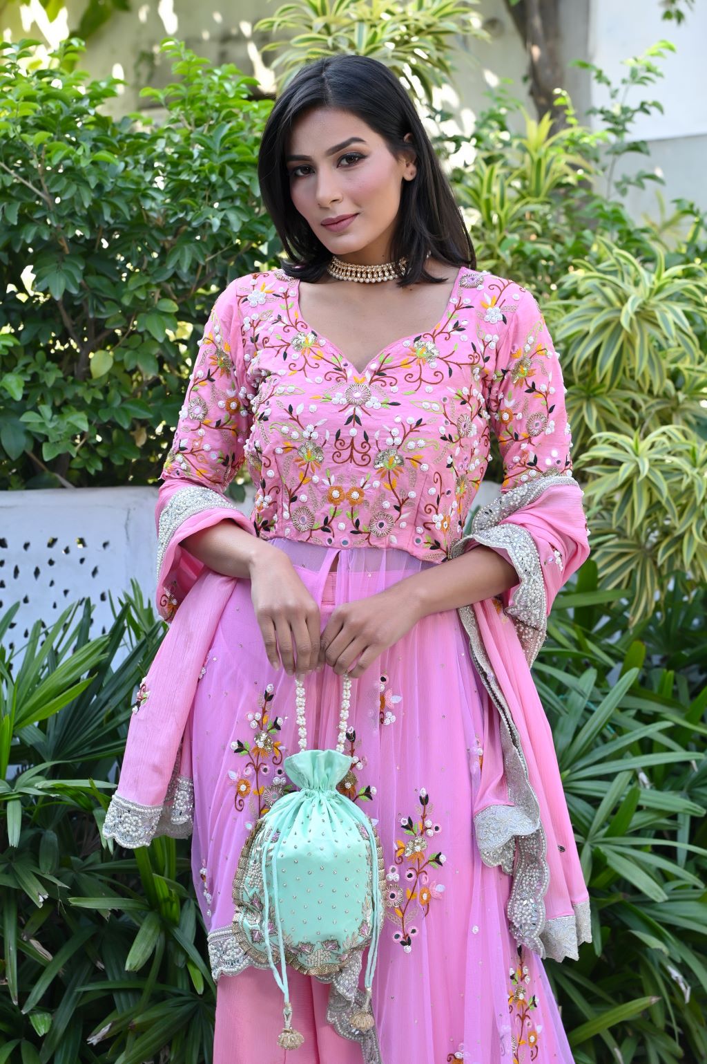 Pink Embroidered Kurta Palazzo  Ethnic Set