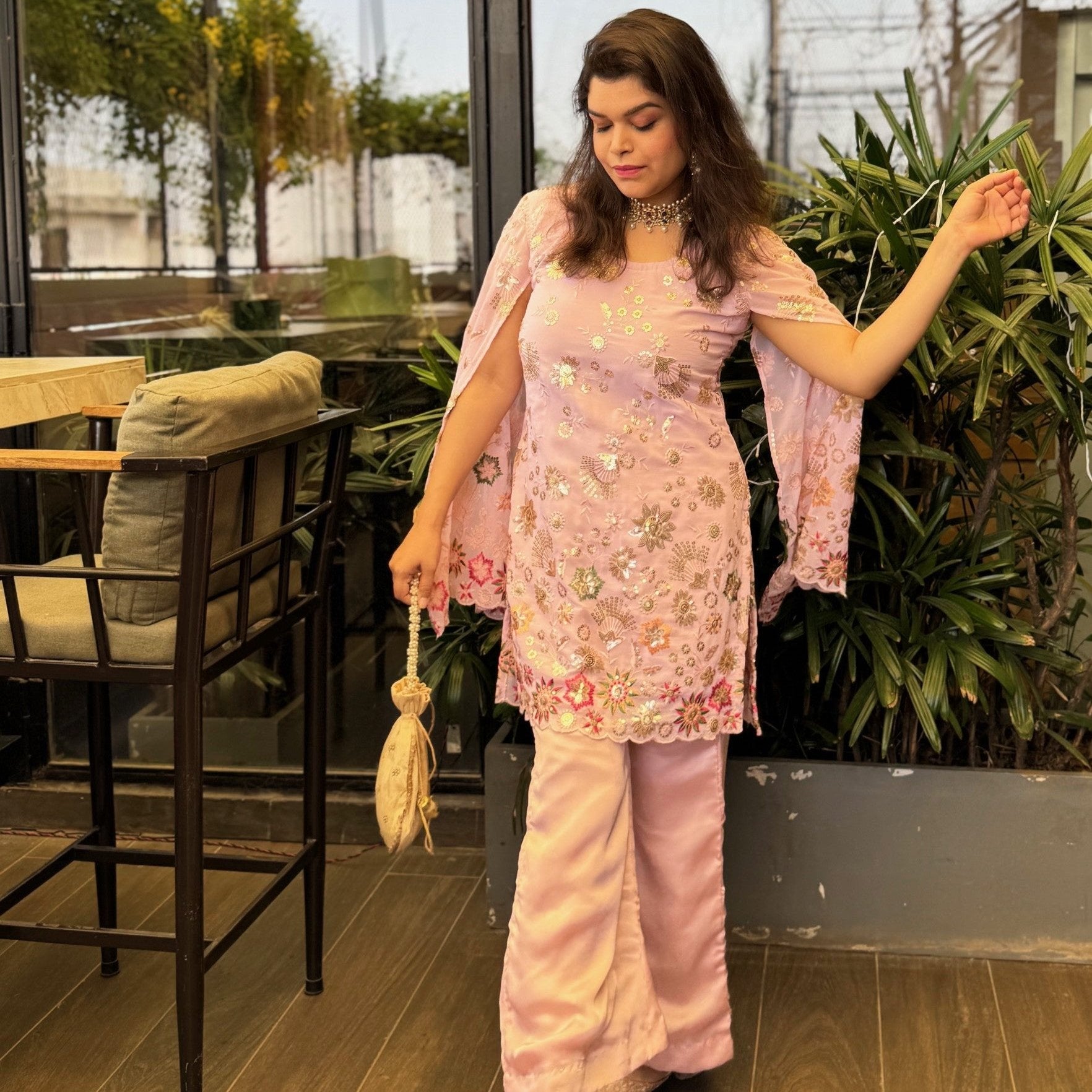 Soft Pink Embroidered Cape Kurta Palazzo Ethnic Set