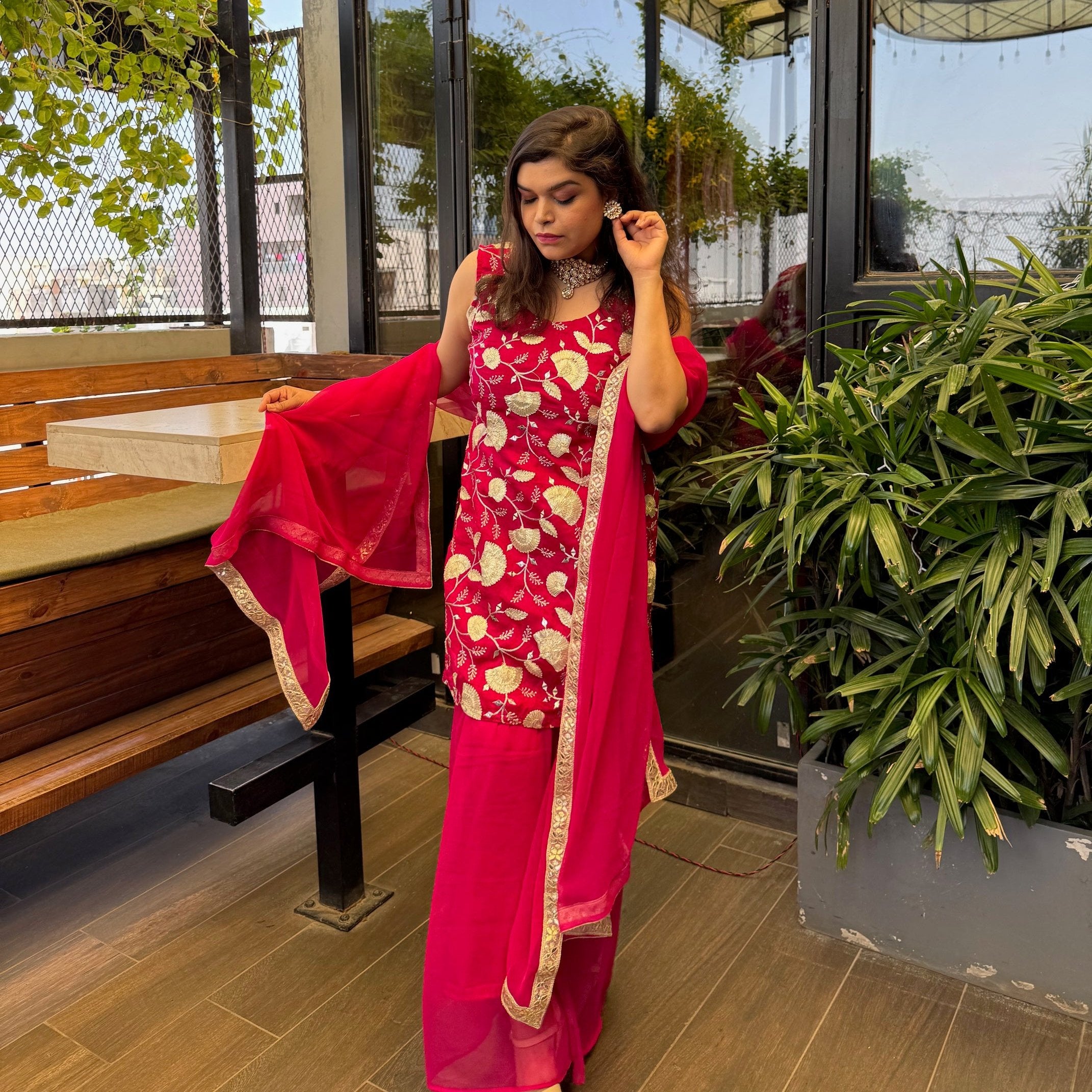 Dark Pink Embroidered Kurta Garara Set